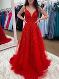 A line V Neck Lace Appliques Red Spaghetti Straps Tulle Prom Dresses Formal Dresses rjs768