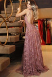 A line V Neck Pink Lace Backless Appliques Prom Dresses Sleeveless Evening Dresses RJS555