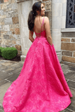 A-line V-Neck Satin Long Simple Backless with Pockets Sleeveless Sweep Train Prom Dresses Rjerdress