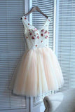 A line V Neck Seam Beads Appliques Tulle Lace up Pink Short Homecoming Dresses RRJS01 Rjerdress