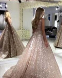 A line V Neck Sequins Prom Dresses Long Straps V Back Evening Dresses RJS678 Rjerdress
