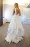 A line V Neck Spaghetti Straps Prom Dresses With Ruffles Long Wedding Dresses Rjerdress