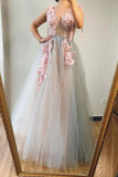 A line V neck Beads Pink Long Tulle Prom Dresses With Floral, Formal Dresses SRJS15038 Rjerdress