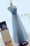 A-line V-neck Floor-length Tulle with Beading Prom Dresses Evening Dresses RJS550