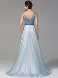 A-line V-neck Floor-length Tulle with Beading Prom Dresses Evening Dresses RJS550 Rjerdress