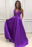 A-line V-neck Satin Long Simple Prom Dresses with Pockets Purple Bridesmaid Dresses RJS603
