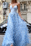 A-line V-neck Spaghetti Straps Sky Blue Lace Long Formal Evening Dress Rjerdress
