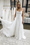 A line White Satin Wedding Dresses With Tulle Appliques Spaghetti Straps Bride Dress Rjerdress