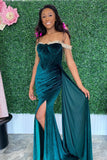 Amazing Emerald Velvet Off-the-Shoulder Fringe Slit Prom Dresses Evening with Attached Train RJS105