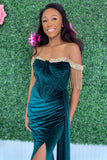 Amazing Emerald Velvet Off-the-Shoulder Fringe Slit Prom Dresses Evening with Attached Train RJS105 Rjerdress