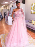 Appliques Long A line Pink One Shoulder Prom Dresses Tulle Cheap Formal Dresses RJS511