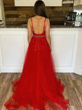 Appliques Spaghetti Straps A-line Red Tulle Beading Prom Dress Rjerdress