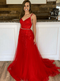 Appliques Spaghetti Straps A-line Red Tulle Beading Prom Dress