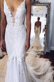 Appliques V-Neck Elegant Mermaid Open-Back Wedding Dresses RJS281