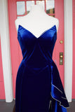 Asymmetrical A Line Strapless Royal Blue Velvet Long Prom Dress With Ruffles Rjerdress