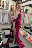 Asymmetrical Magenta Beaded Long Prom Dress with Attached Train