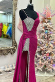Asymmetrical Magenta Beaded Long Prom Dress with Attached Train Rjerdress