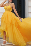 Asymmetrical Prom Dresses A Line Tulle V Neck With Beads And Ruffles