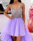Asymmetrical Purple High-Low Spaghetti Straps Beaded Multi-Tiered Prom Dress Rjerdress