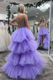 Asymmetrical Purple High-Low Spaghetti Straps Beaded Multi-Tiered Prom Dress Rjerdress