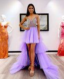 Asymmetrical Purple High-Low Spaghetti Straps Beaded Multi-Tiered Prom Dress