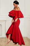 Asymmetrical Red Boat Neck Mermaid Polyester Prom Dresses Rjerdress