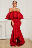 Asymmetrical Red Boat Neck Mermaid Polyester Prom Dresses Rjerdress