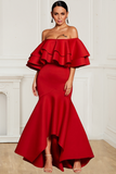 Asymmetrical Red Boat Neck Mermaid Polyester Prom Dresses