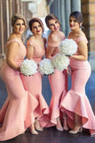 Baby Pink Mermaid Off the Shoulder Hi-Low with Ruffles Sweetheart Lace Top Bridesmaid Dress RJS468