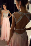 Backless Beaded Blush Pink Long Sexy Open Back Cap Sleeve Scoop Prom Dresses RJS964