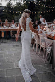 Backless Lac Mermaid Beach Wedding Dresses Cap Sleeve Bohemian Bride Gown