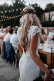 Backless Lac Mermaid Beach Wedding Dresses Cap Sleeve Bohemian Bride Gown Rjerdress