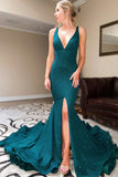Backless Mermaid Long Cheap V Neck Evening Dress Custom Made Formal Slit Prom Dresses