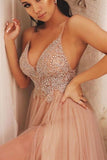 Backless V Neck Sexy Prom Dresses with Slit Rhinestone Beaded Evening Gowns RJS1105 Rjerdress