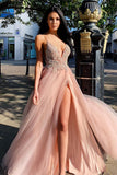 Backless V Neck Sexy Prom Dresses with Slit Rhinestone Beaded Evening Gowns RJS1105 Rjerdress