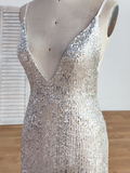 Backless V-neck Sequins Silver Spaghetti Straps Short Train Mermaid Prom Dresses UK RJS503 Rjerdress