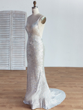 Backless V-neck Sequins Silver Spaghetti Straps Short Train Mermaid Prom Dresses UK RJS503 Rjerdress