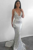 Backless V-neck Sequins Silver Spaghetti Straps Short Train Mermaid Prom Dresses UK RJS503