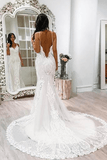 Backless White Lace Mermaid Spaghetti Straps Long Tulle Sexy Open Back Wedding Dresses Rjerdress