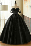 Ball Gown Black Sweetheart Off the Shoulder Satin Beading Prom Quinceanera Dresses RJS67