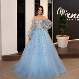 Ball Gown Blue Long Sleeves Sweetheart Prom Dresses A Line Long Evening Dresses