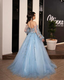 Ball Gown Blue Long Sleeves Sweetheart Prom Dresses A Line Long Evening Dresses Rjerdress