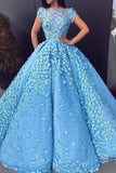 Ball Gown Blue Prom Dresses Floral Lace Bateau Long Cap Sleeve Quinceanera Dresses P1043 Rjerdress