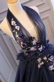 Ball Gown Blue Tulle Lace Long Prom Dresses Deep V Neck Backless Evening Dresses RJS469 Rjerdress