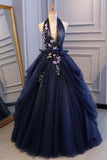 Ball Gown Blue Tulle Lace Long Prom Dresses Deep V Neck Backless Evening Dresses RJS469