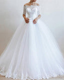 Ball Gown Boat Neck Tulle With Applique And Beads Long Sleeves Wedding Dresses