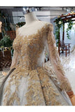 Ball Gown Bridal Dresses Scoop Top Quality Appliques Tulle Beading Long Sleeves Rjerdress