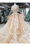 Ball Gown Bride Dresses One And Half Meter Train Off The Shoulder Top Quality Appliques Tulle Beading Rjerdress