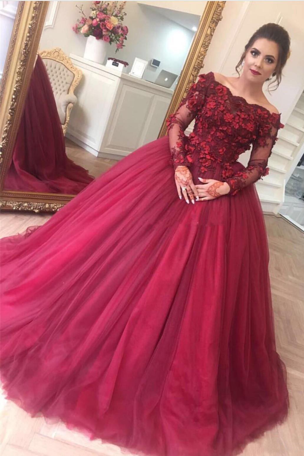 Burgundy Tulle Off-the-shoulder Two-piece Ball Gown - Promfy