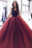 Ball Gown Burgundy Tulle Strapless Sweetheart Prom Dresses Quinceanera Dresses Rjerdress